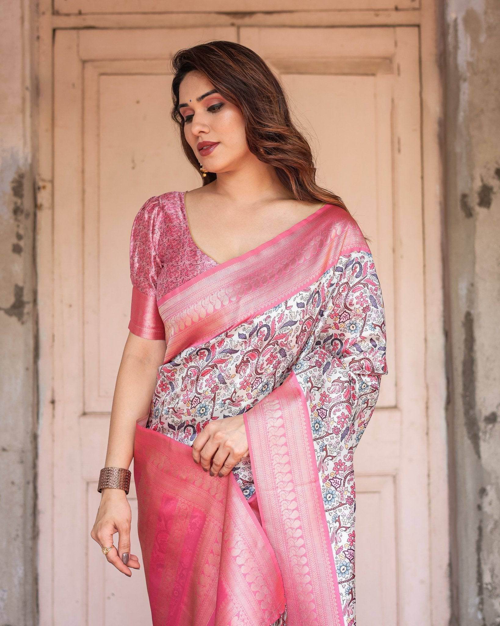 Pink Banarasi Silk Saree with Vibrant Floral Digital Print & Elegant Zari Border - SEEANS