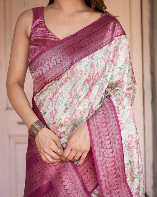 Off-White Banarasi Silk Saree with Pink Ikat Design and Zari Border - SEEANS