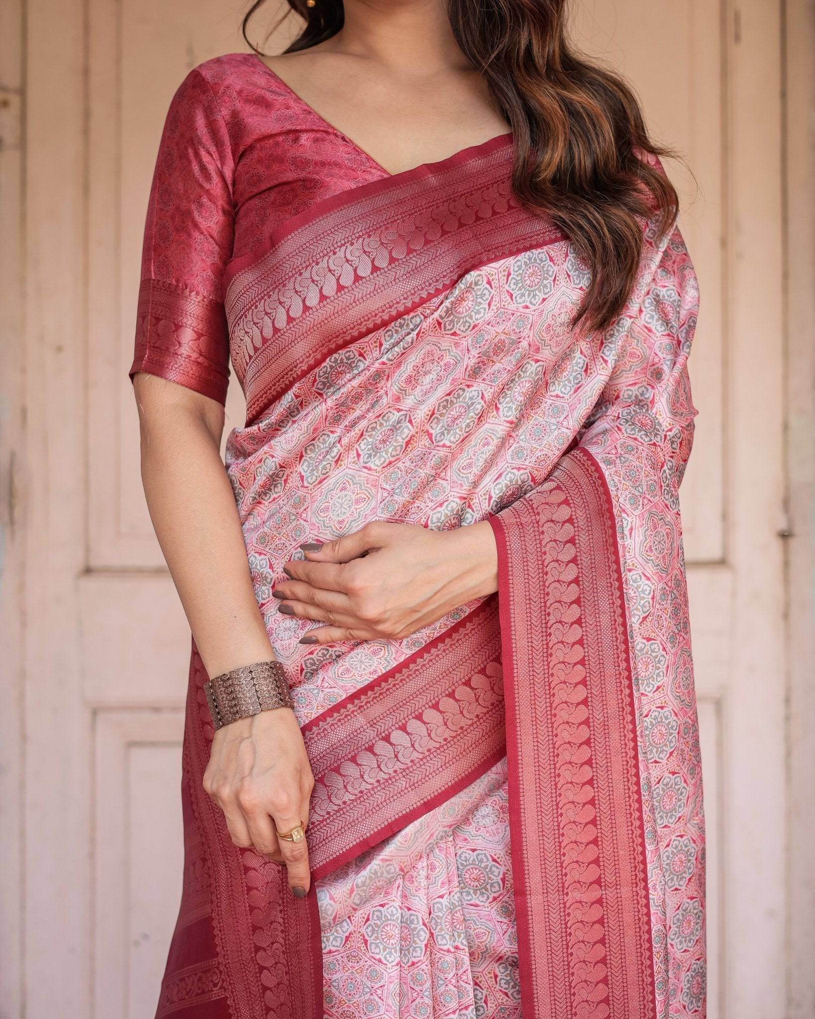 Crimson Red Banarasi Silk Saree with Geometric Digital Print & Zari Border - SEEANS