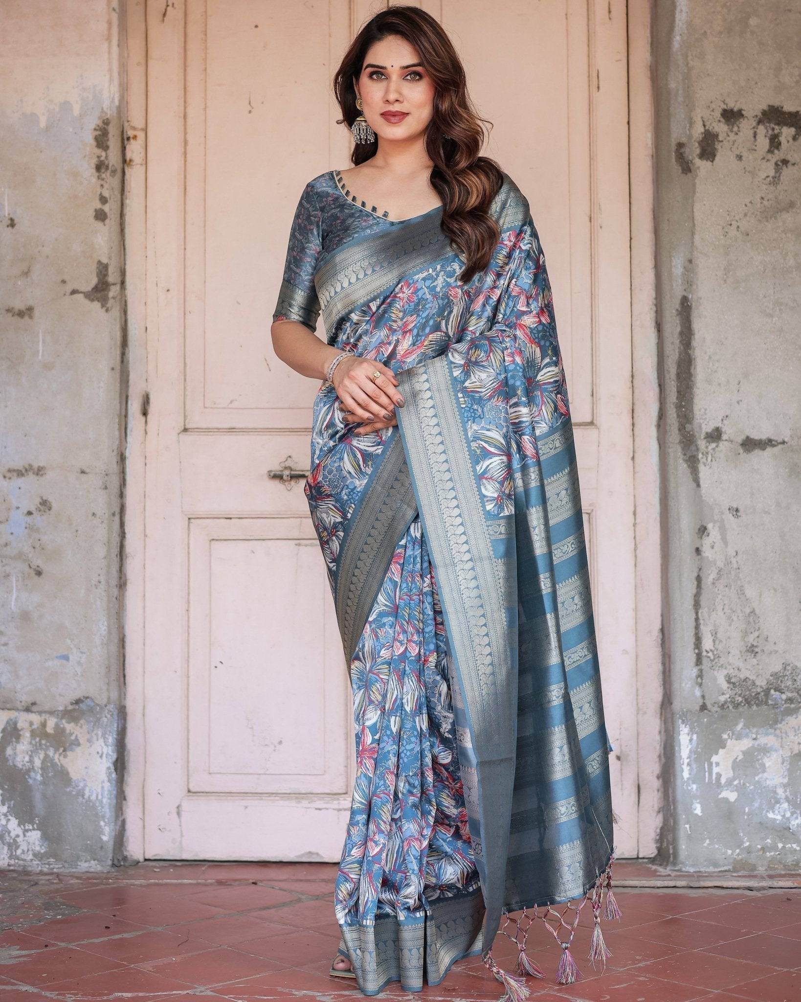 Steel Blue Banarasi Silk Saree with Tropical Floral Digital Print & Zari Border - SEEANS