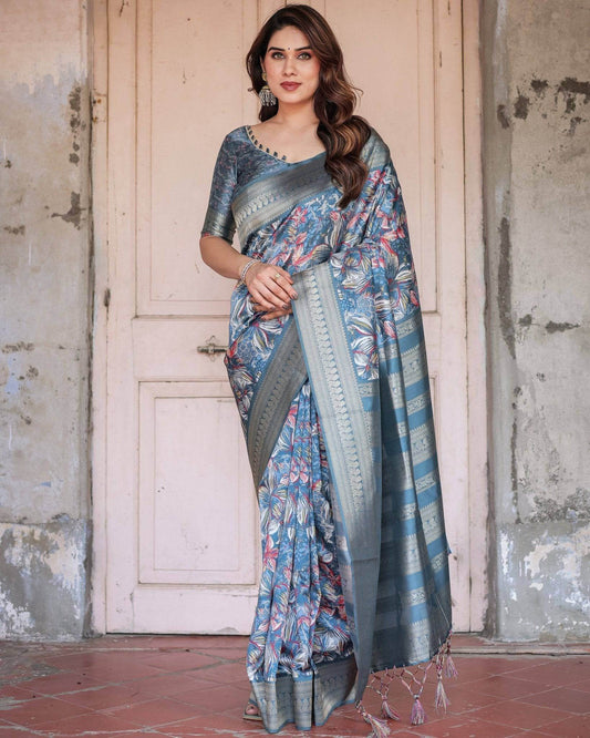 Steel Blue Banarasi Silk Saree with Tropical Floral Digital Print & Zari Border - SEEANS