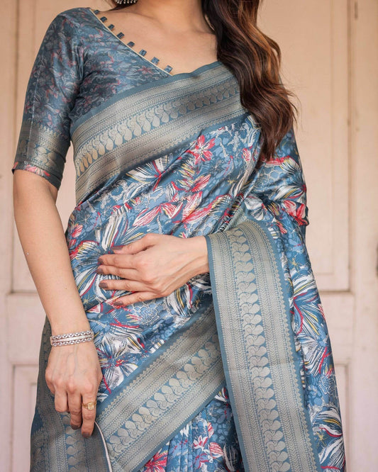 Steel Blue Banarasi Silk Saree with Tropical Floral Digital Print & Zari Border - SEEANS