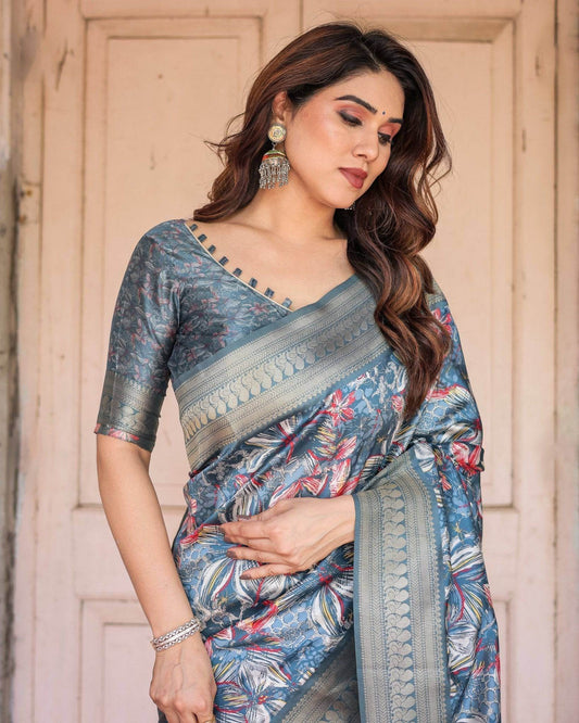 Steel Blue Banarasi Silk Saree with Tropical Floral Digital Print & Zari Border - SEEANS