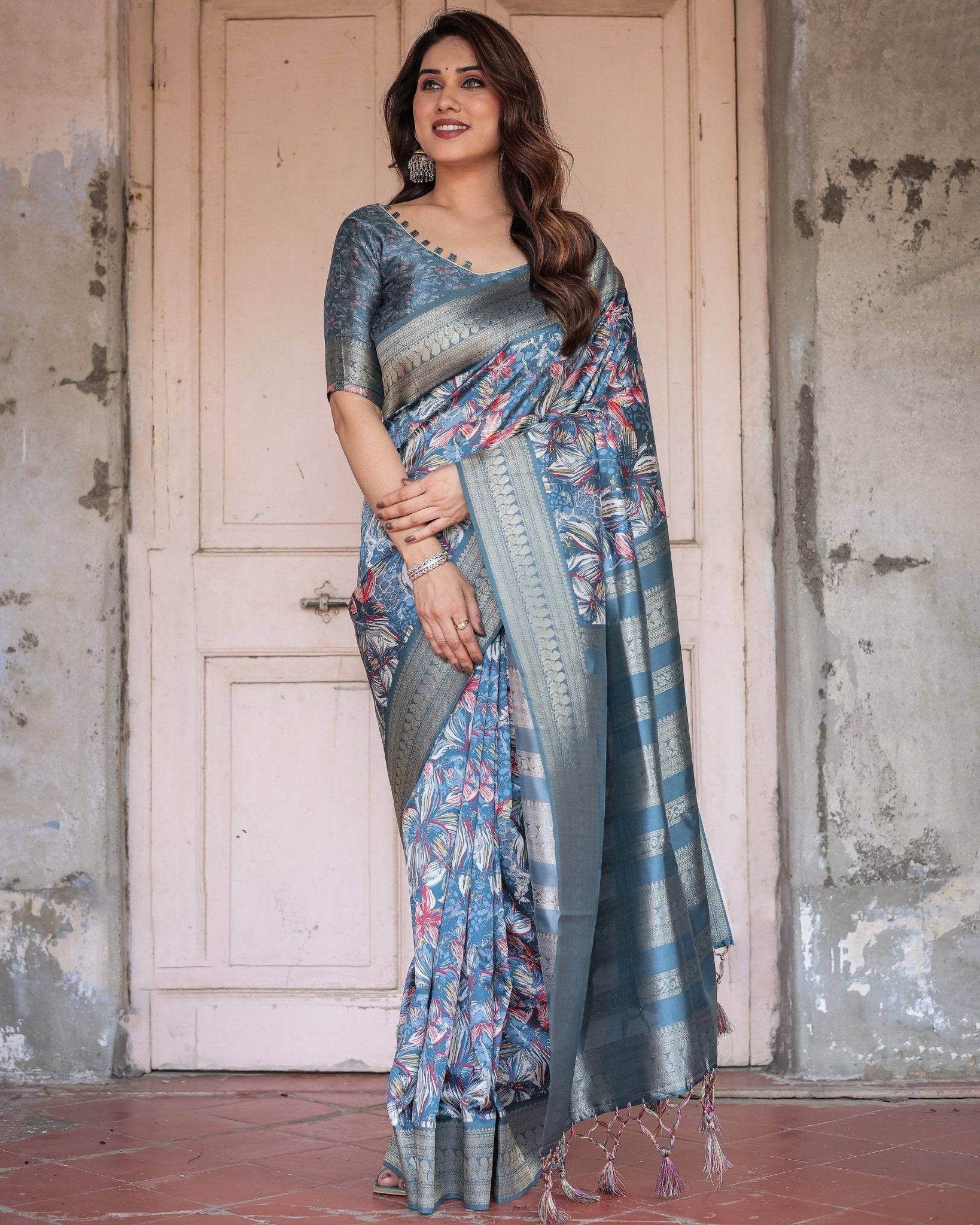 Steel Blue Banarasi Silk Saree with Tropical Floral Digital Print & Zari Border - SEEANS