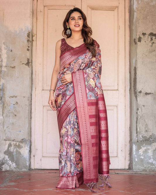 Wine Banarasi Silk Saree with Paisley and Floral Digital Print & Zari Border - SEEANS