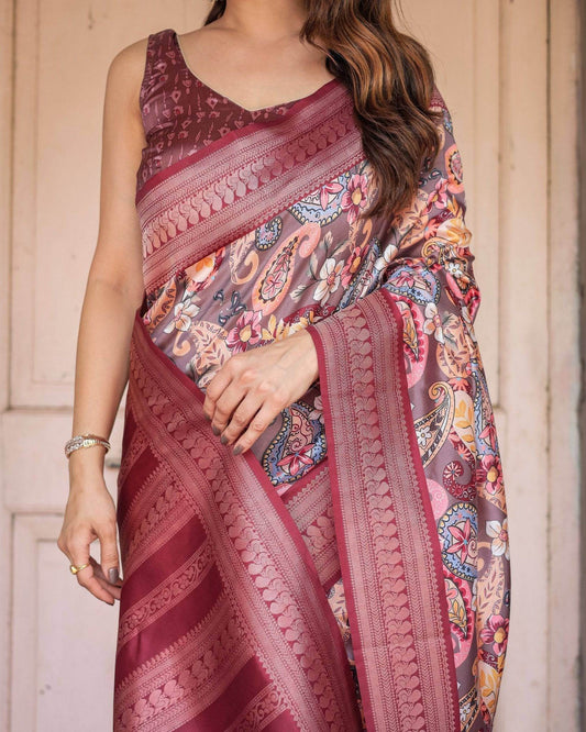 Wine Banarasi Silk Saree with Paisley and Floral Digital Print & Zari Border - SEEANS