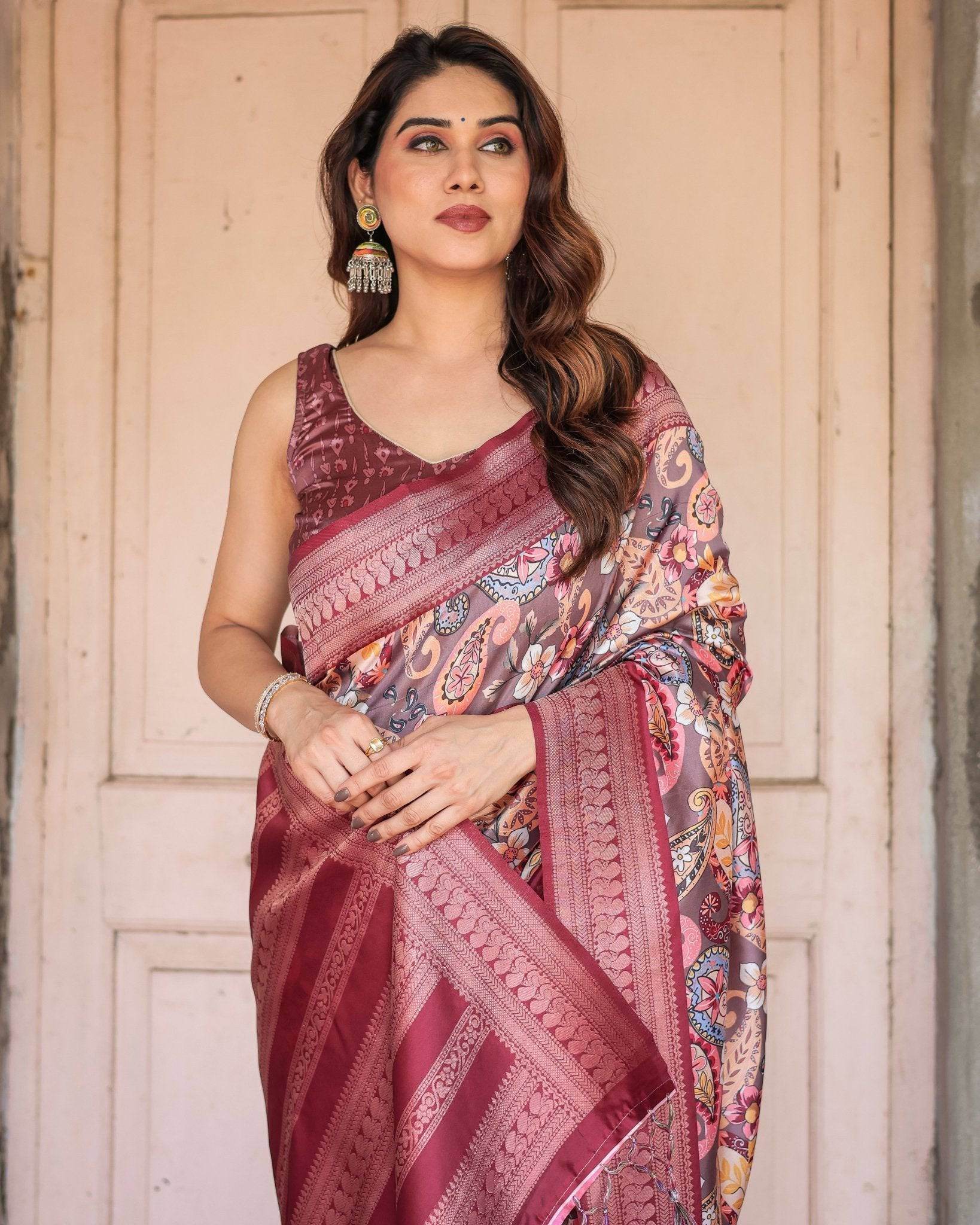 Wine Banarasi Silk Saree with Paisley and Floral Digital Print & Zari Border - SEEANS