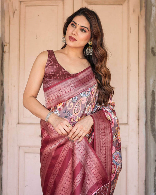 Wine Banarasi Silk Saree with Paisley and Floral Digital Print & Zari Border - SEEANS