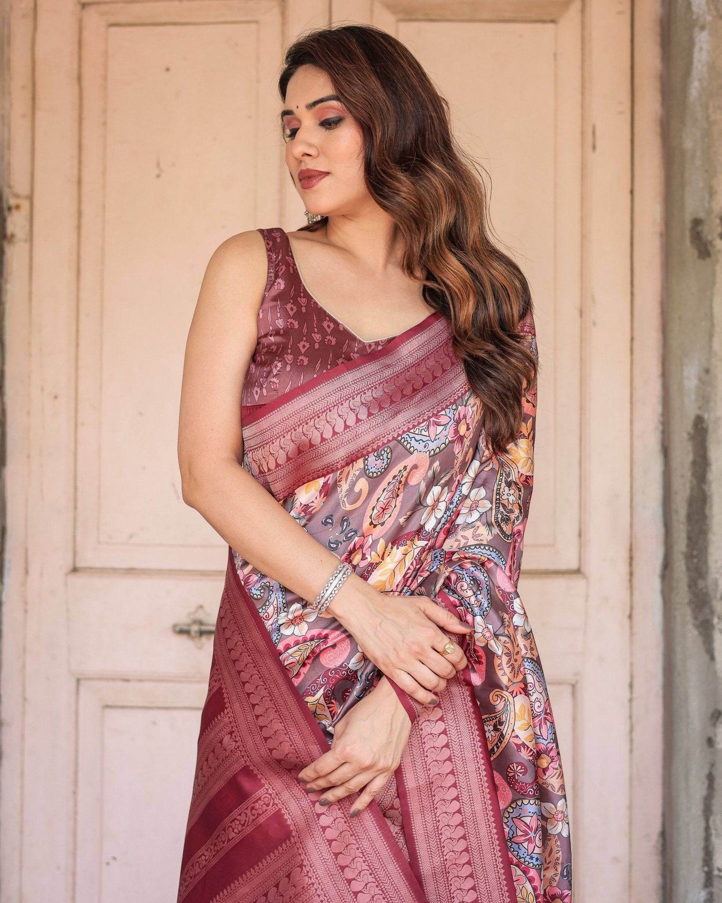 Wine Banarasi Silk Saree with Paisley and Floral Digital Print & Zari Border - SEEANS
