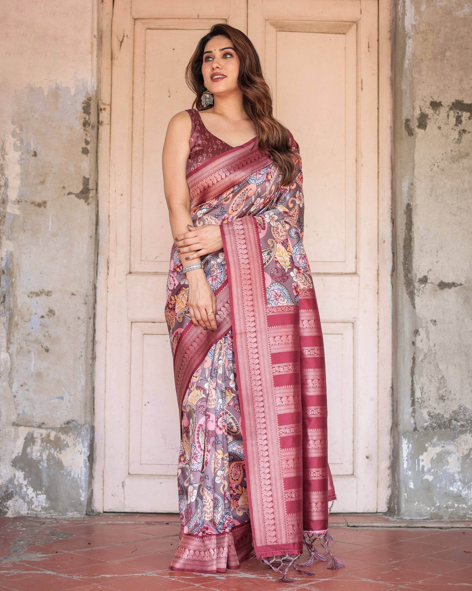 Wine Banarasi Silk Saree with Paisley and Floral Digital Print & Zari Border - SEEANS
