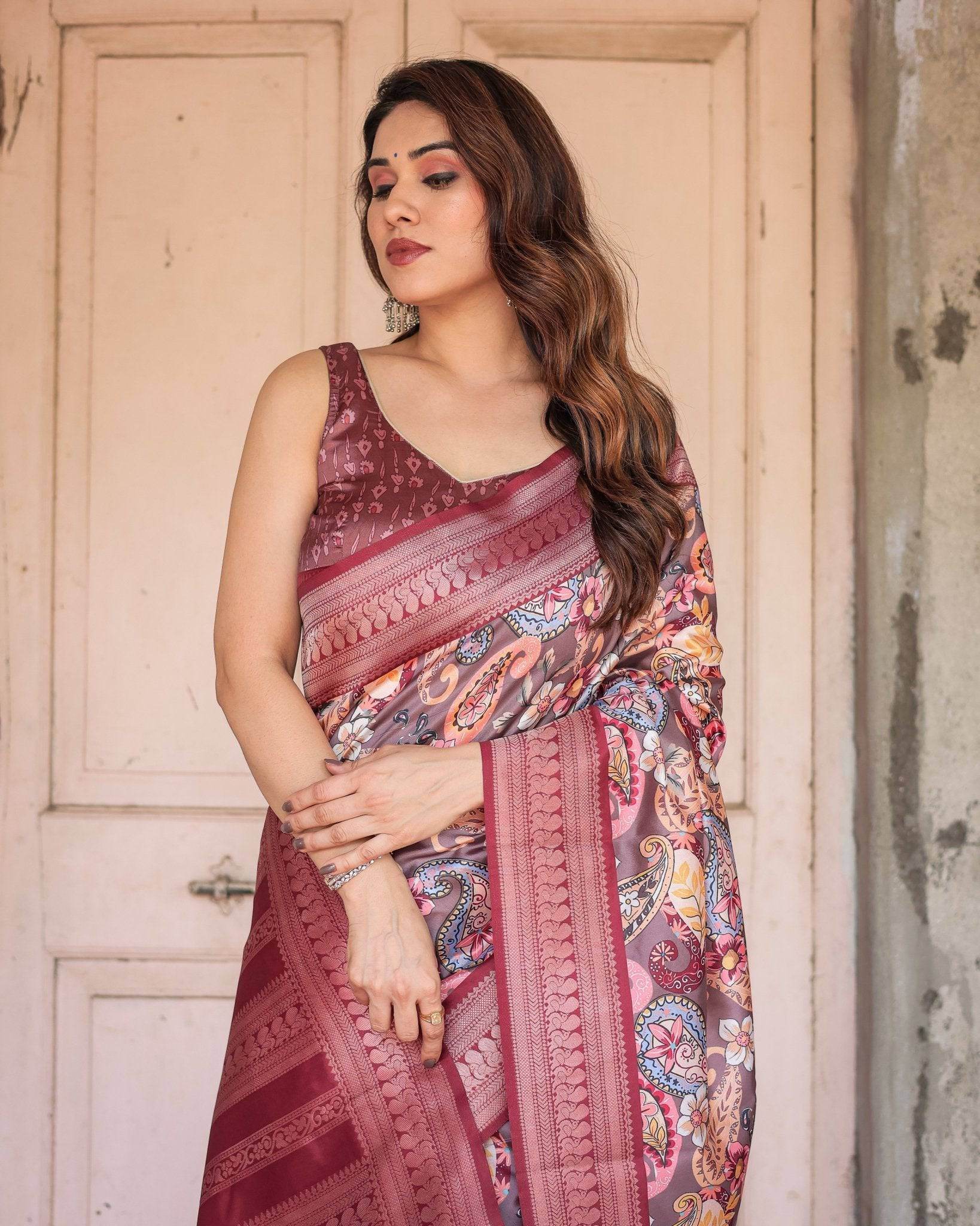 Wine Banarasi Silk Saree with Paisley and Floral Digital Print & Zari Border - SEEANS