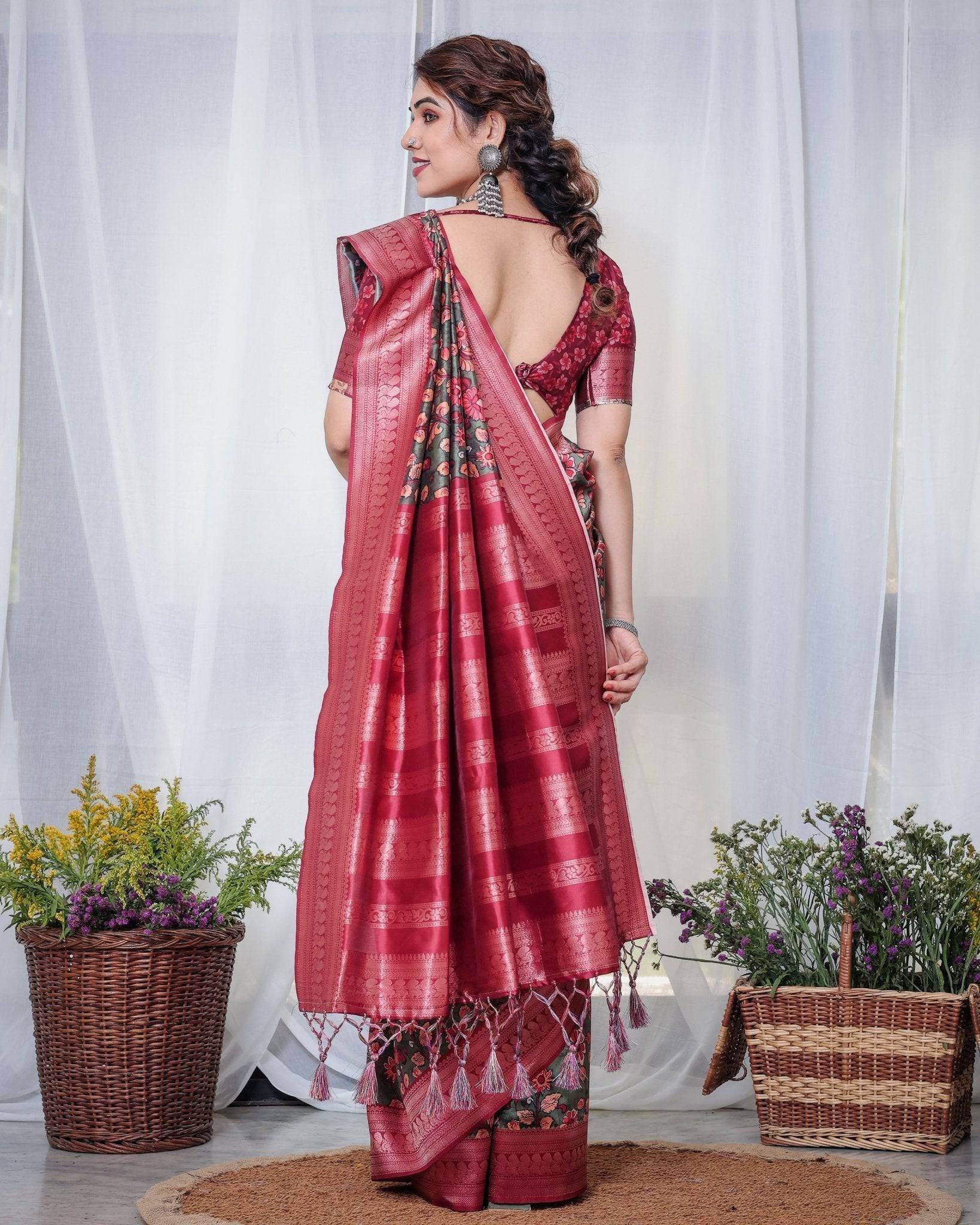 Elegant Banarasi Silk Saree in Deep Green with Floral Zari and Tassels - SEEANS