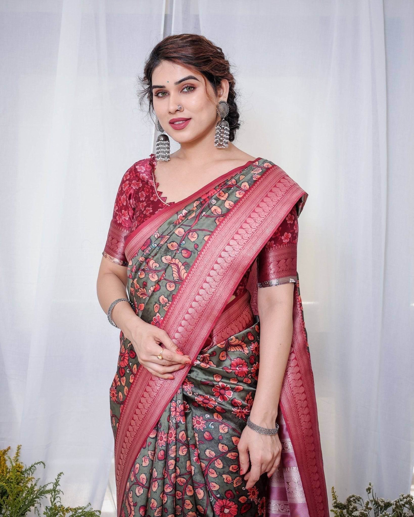 Elegant Banarasi Silk Saree in Deep Green with Floral Zari and Tassels - SEEANS