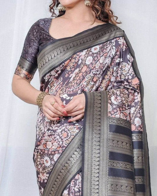 Exquisite Black and Pink Floral Banarasi Silk Saree with Intricate Tassels - SEEANS