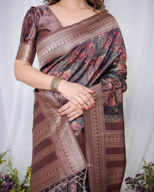 Chocolate Brown Banarasi Silk Saree with Tribal Digital Print, Zari Border & Tassel Pallu - SEEANS