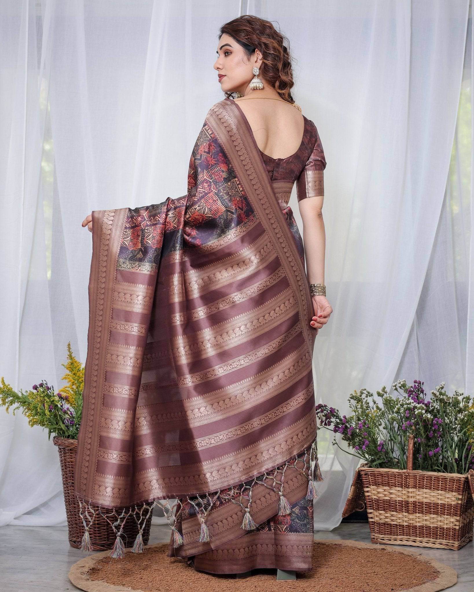 Chocolate Brown Banarasi Silk Saree with Tribal Digital Print, Zari Border & Tassel Pallu - SEEANS