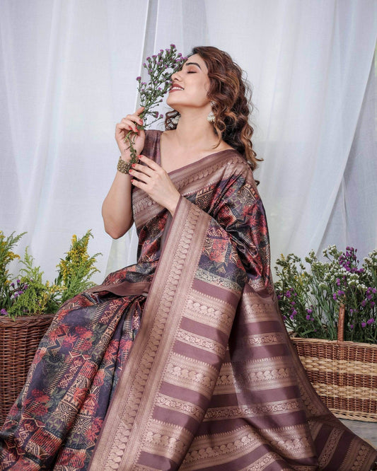 Chocolate Brown Banarasi Silk Saree with Tribal Digital Print, Zari Border & Tassel Pallu - SEEANS