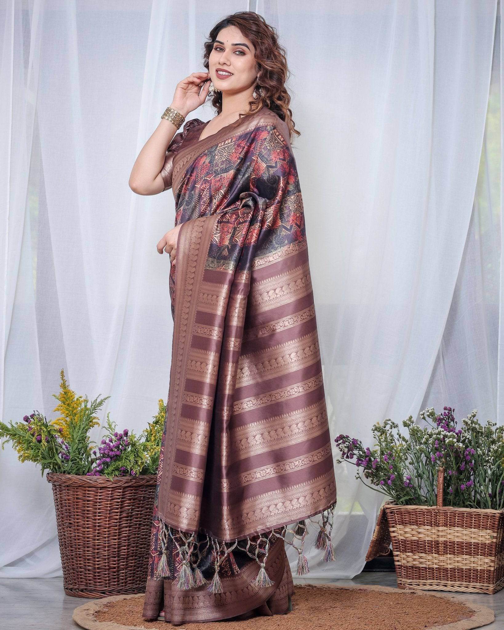 Chocolate Brown Banarasi Silk Saree with Tribal Digital Print, Zari Border & Tassel Pallu - SEEANS