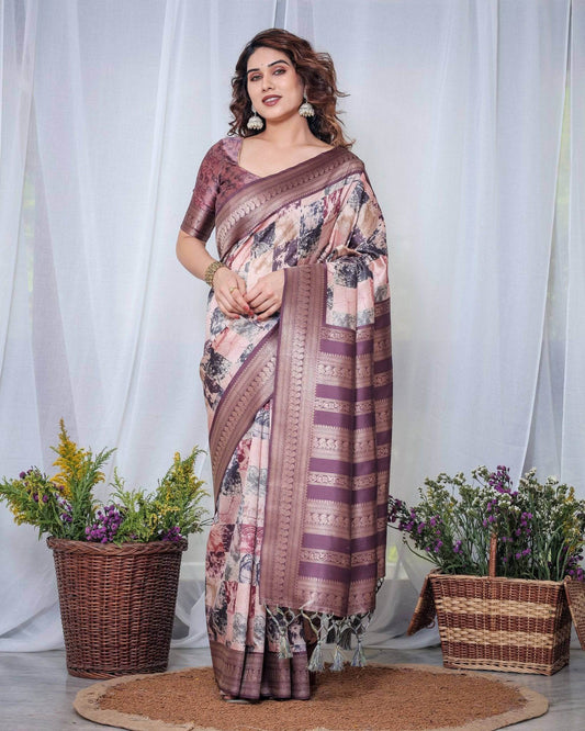 Mauve Banarasi Silk Saree with Abstract Checkered Digital Print, Zari Border & Tassel Pallu - SEEANS