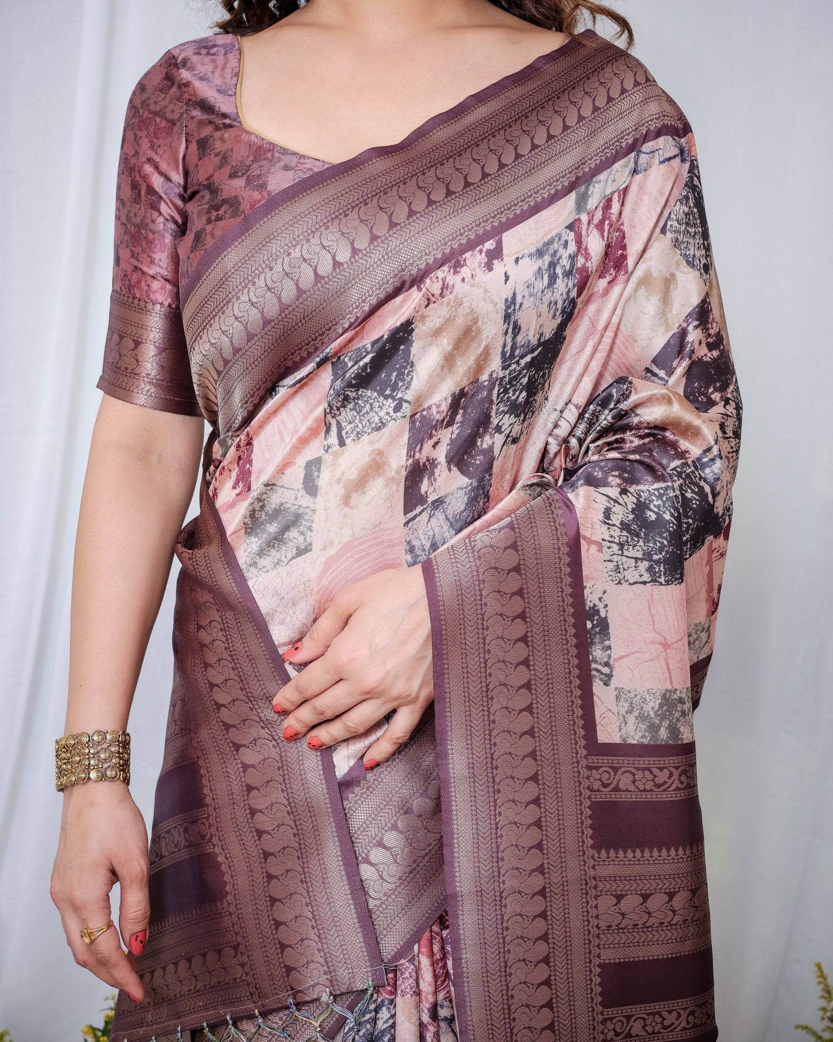 Mauve Banarasi Silk Saree with Abstract Checkered Digital Print, Zari Border & Tassel Pallu - SEEANS