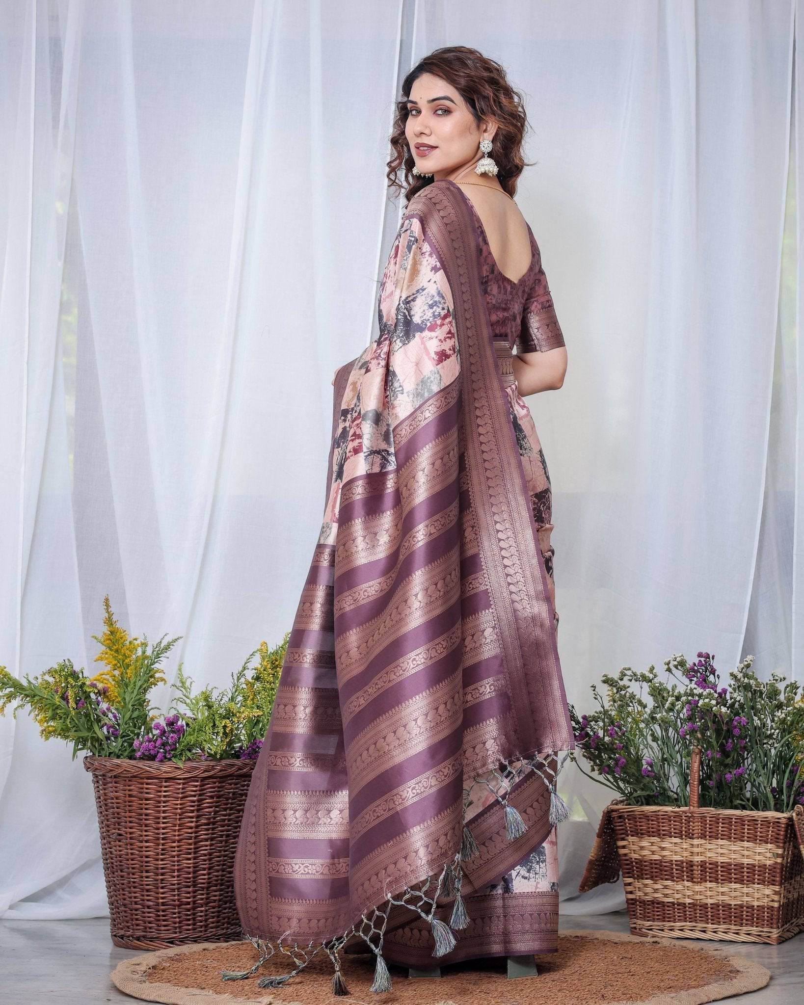 Mauve Banarasi Silk Saree with Abstract Checkered Digital Print, Zari Border & Tassel Pallu - SEEANS