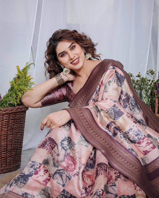 Mauve Banarasi Silk Saree with Abstract Checkered Digital Print, Zari Border & Tassel Pallu - SEEANS