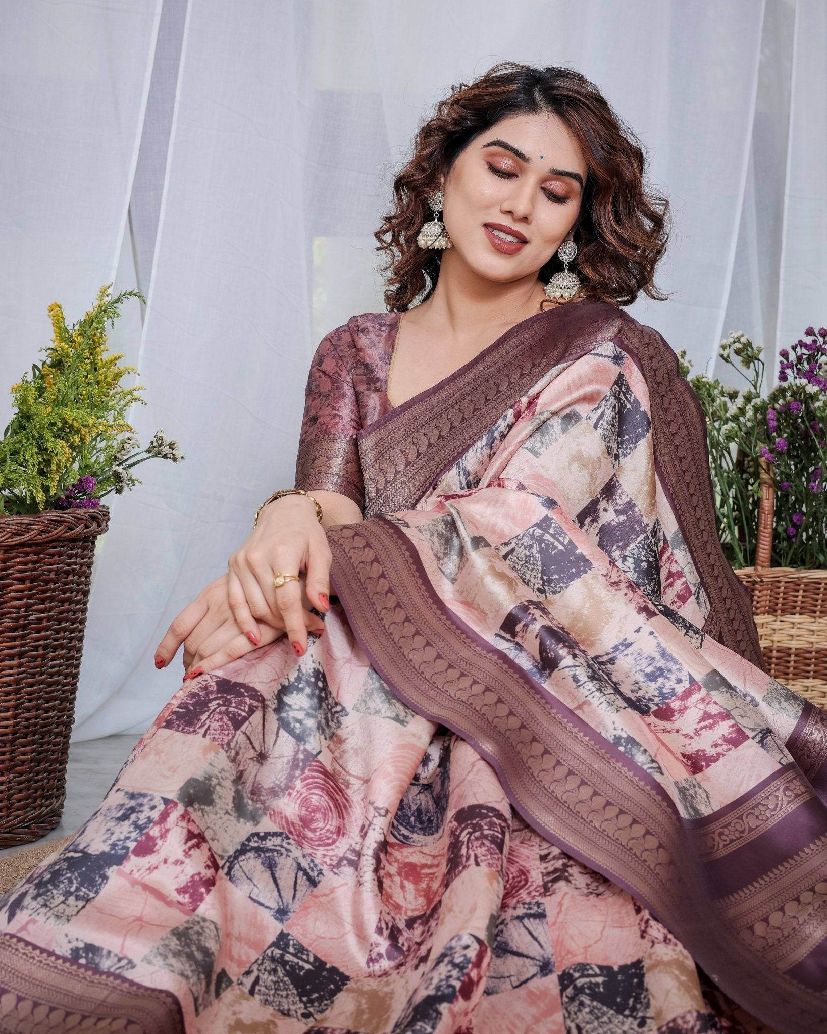 Mauve Banarasi Silk Saree with Abstract Checkered Digital Print, Zari Border & Tassel Pallu - SEEANS