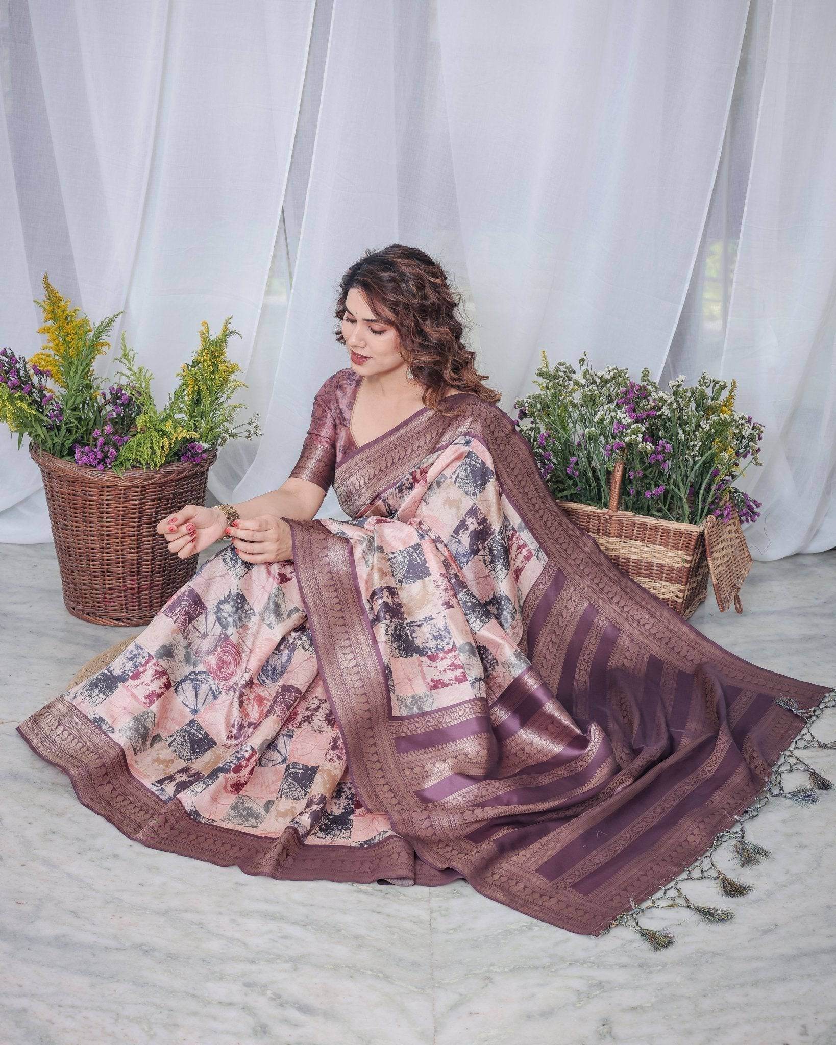 Mauve Banarasi Silk Saree with Abstract Checkered Digital Print, Zari Border & Tassel Pallu - SEEANS