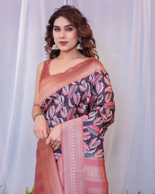 Elegant Black and Peach Banarasi Silk Saree with Leaf Motif and Tassels - SEEANS