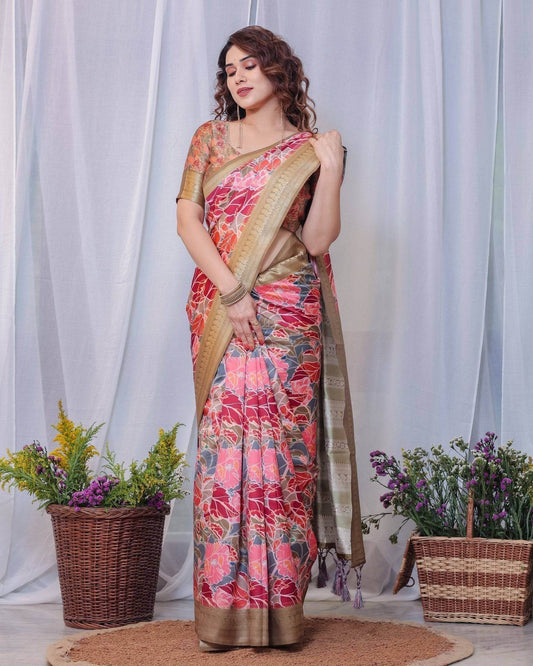 Radiant Red and Gold Banarasi Silk Saree with Floral Motifs and Tassels - SEEANS