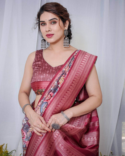 Luxurious Maroon Banarasi Silk Saree with Paisley Print and Tassels - SEEANS