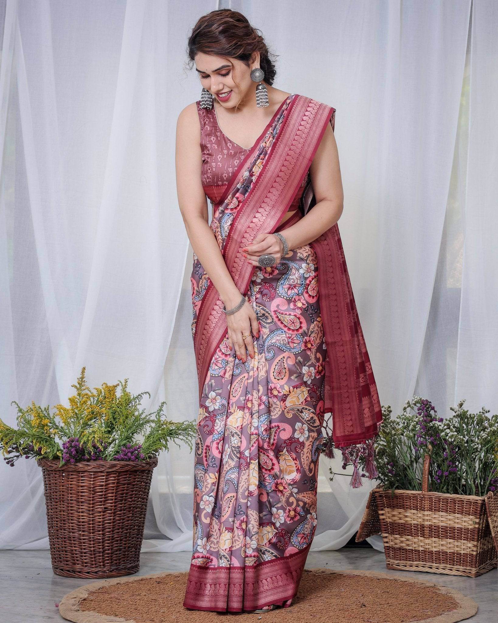 Luxurious Maroon Banarasi Silk Saree with Paisley Print and Tassels - SEEANS