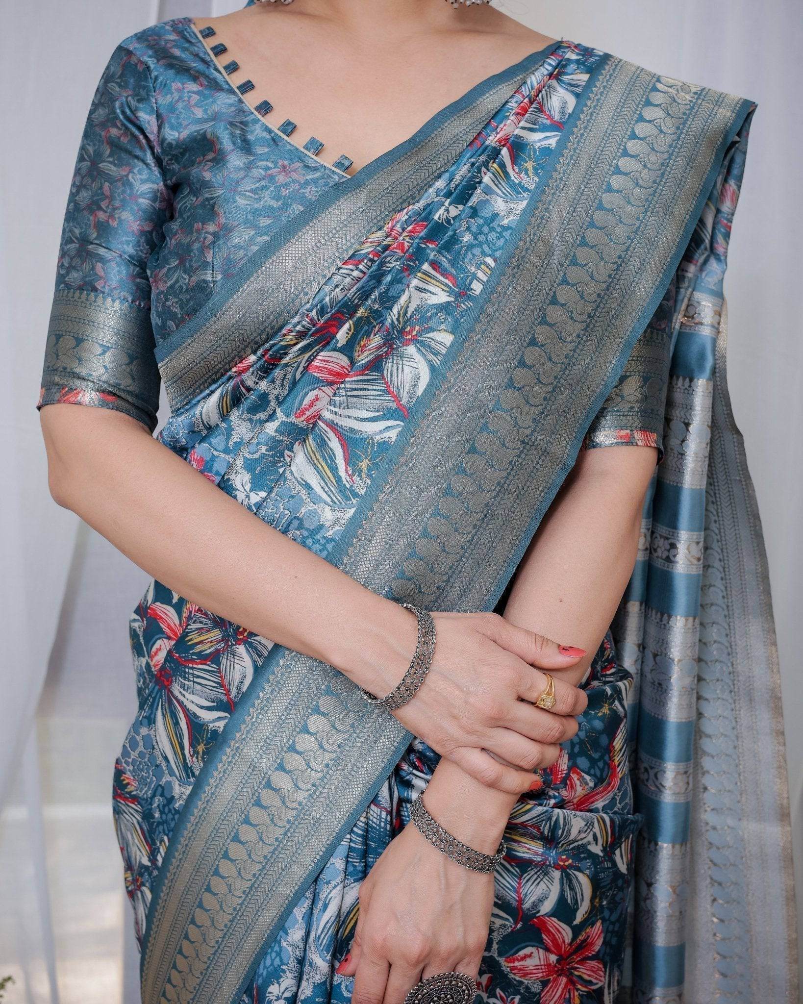 Enchanting Blue Banarasi Silk Saree with Multicolor Floral Weaves and Luxurious Zari Pallu with Tassels - SEEANS