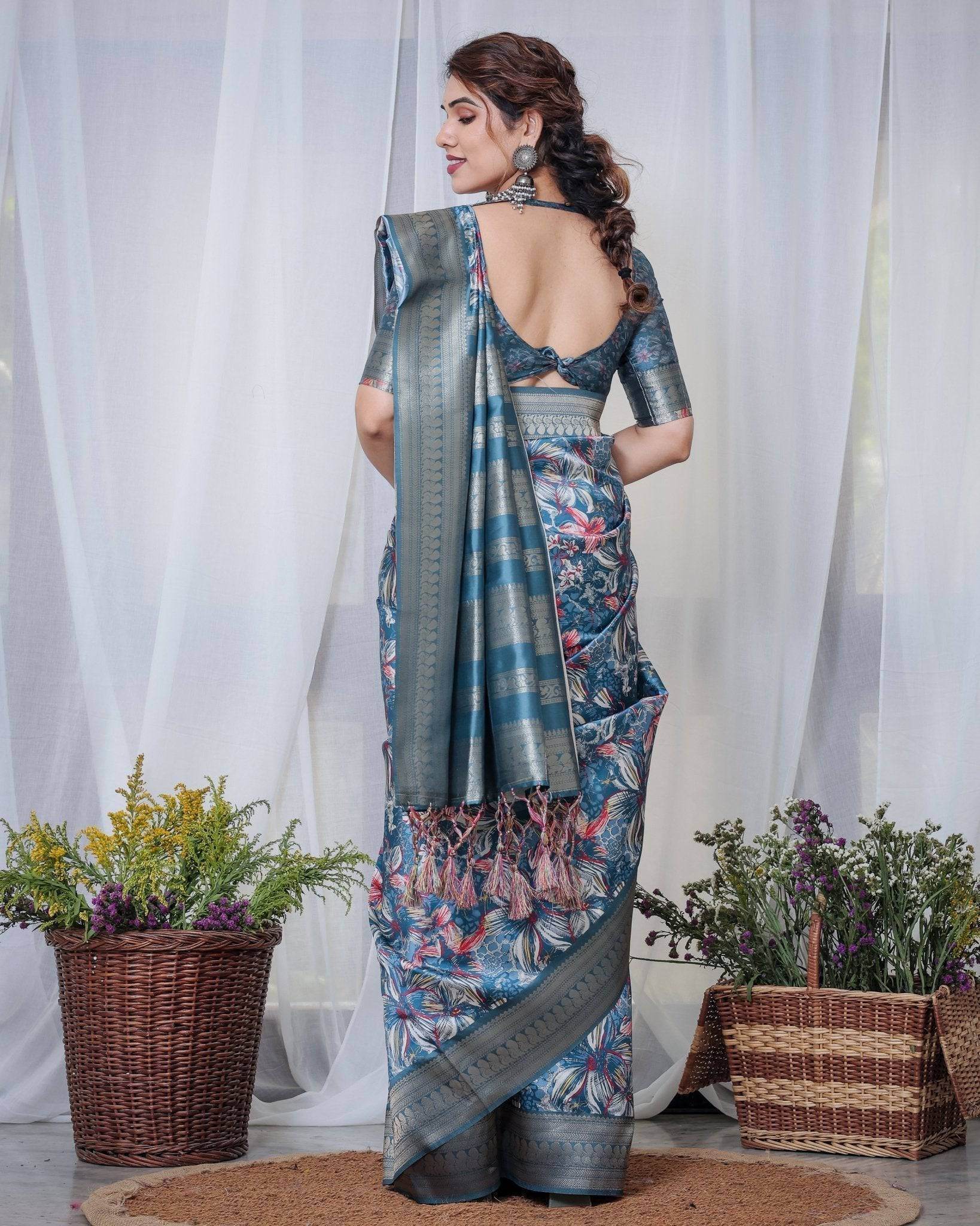 Enchanting Blue Banarasi Silk Saree with Multicolor Floral Weaves and Luxurious Zari Pallu with Tassels - SEEANS