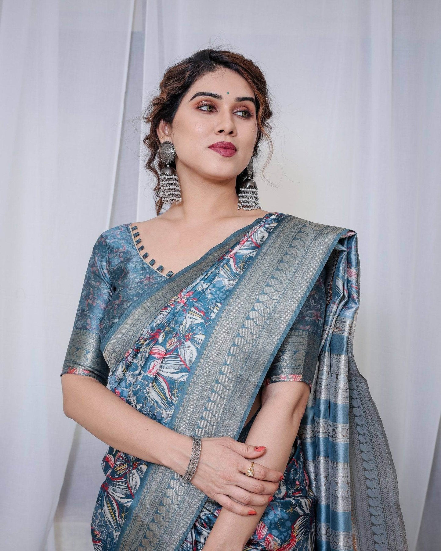 Enchanting Blue Banarasi Silk Saree with Multicolor Floral Weaves and Luxurious Zari Pallu with Tassels - SEEANS