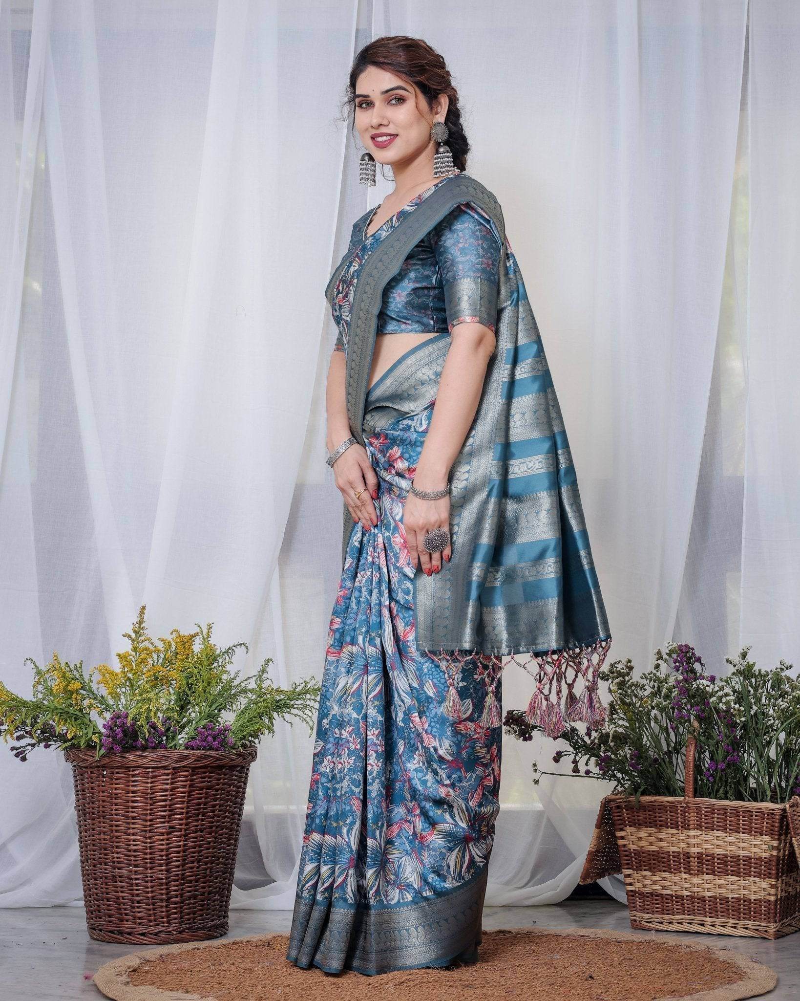 Enchanting Blue Banarasi Silk Saree with Multicolor Floral Weaves and Luxurious Zari Pallu with Tassels - SEEANS