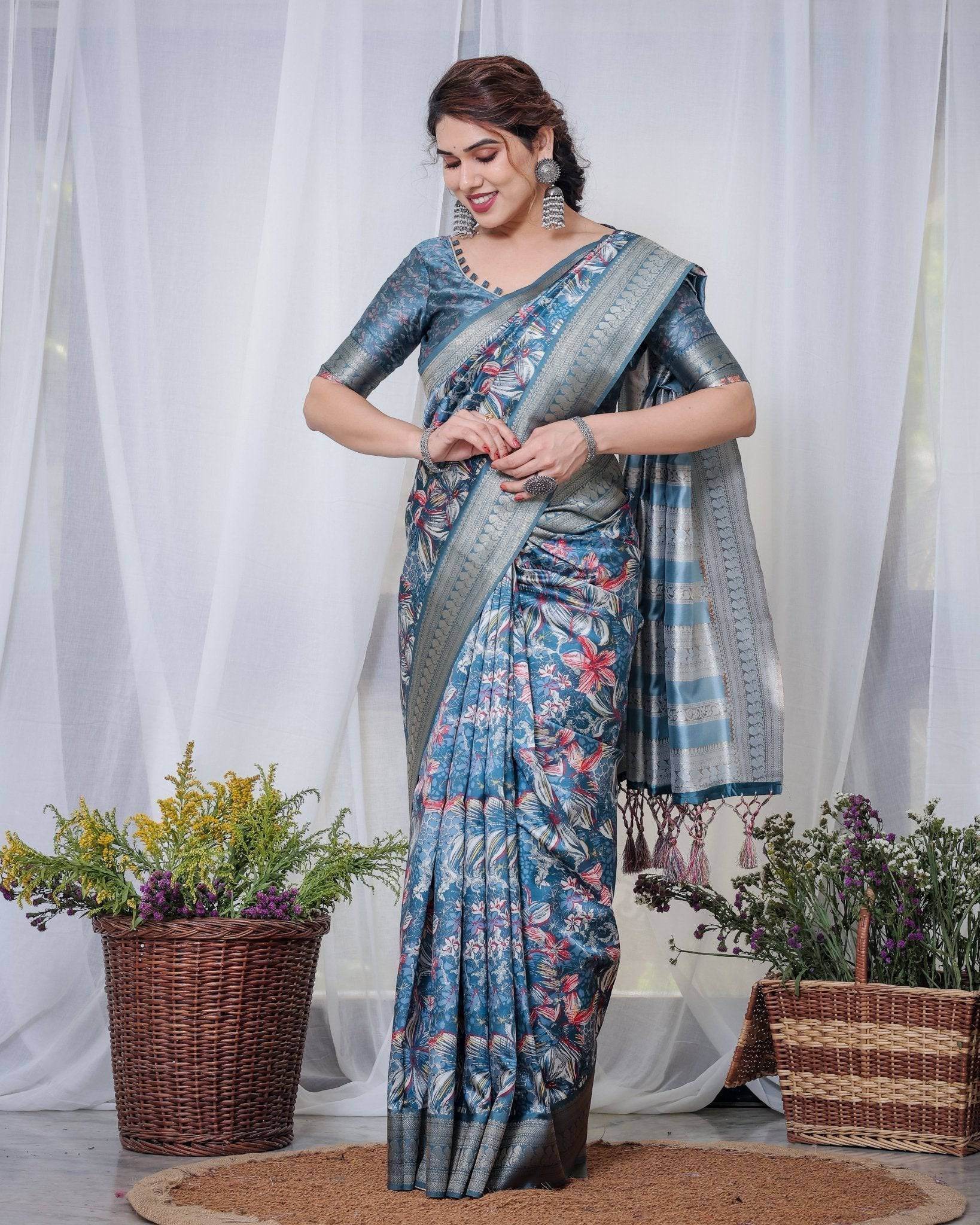 Enchanting Blue Banarasi Silk Saree with Multicolor Floral Weaves and Luxurious Zari Pallu with Tassels - SEEANS
