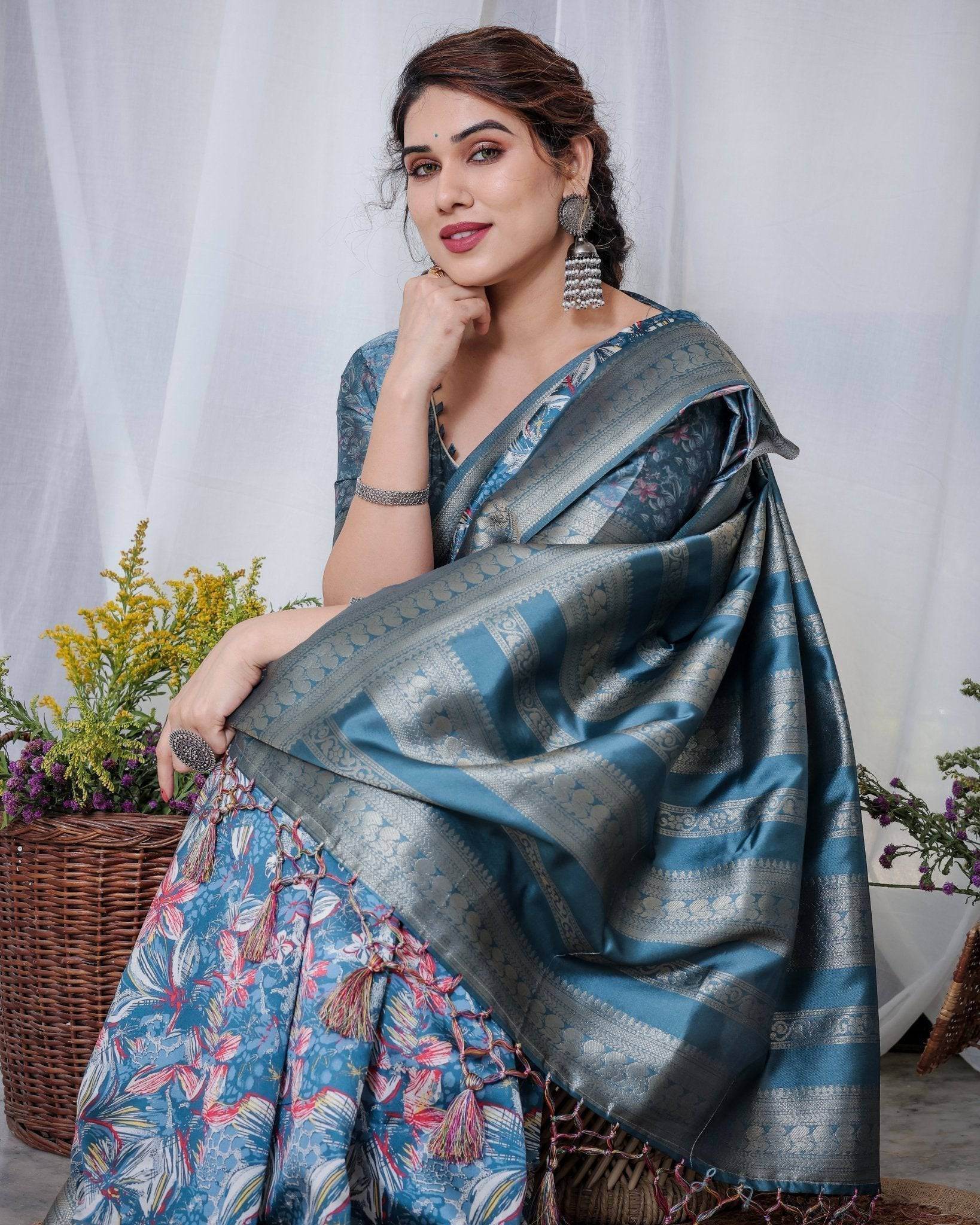 Enchanting Blue Banarasi Silk Saree with Multicolor Floral Weaves and Luxurious Zari Pallu with Tassels - SEEANS