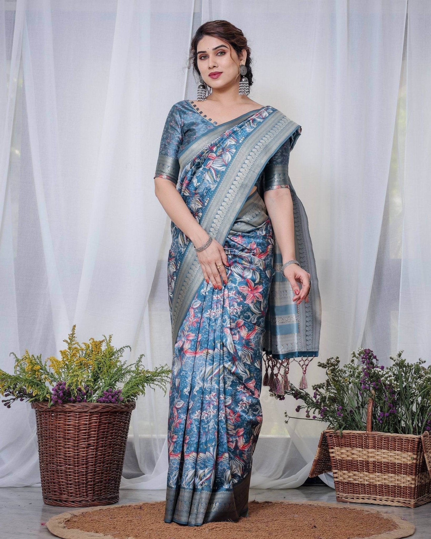 Enchanting Blue Banarasi Silk Saree with Multicolor Floral Weaves and Luxurious Zari Pallu with Tassels - SEEANS