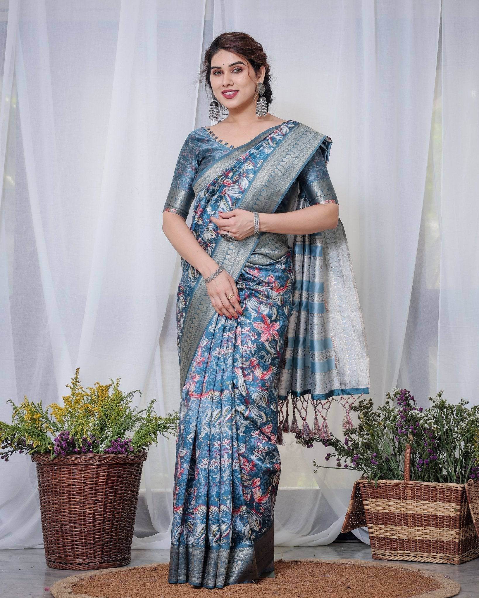 Enchanting Blue Banarasi Silk Saree with Multicolor Floral Weaves and Luxurious Zari Pallu with Tassels - SEEANS