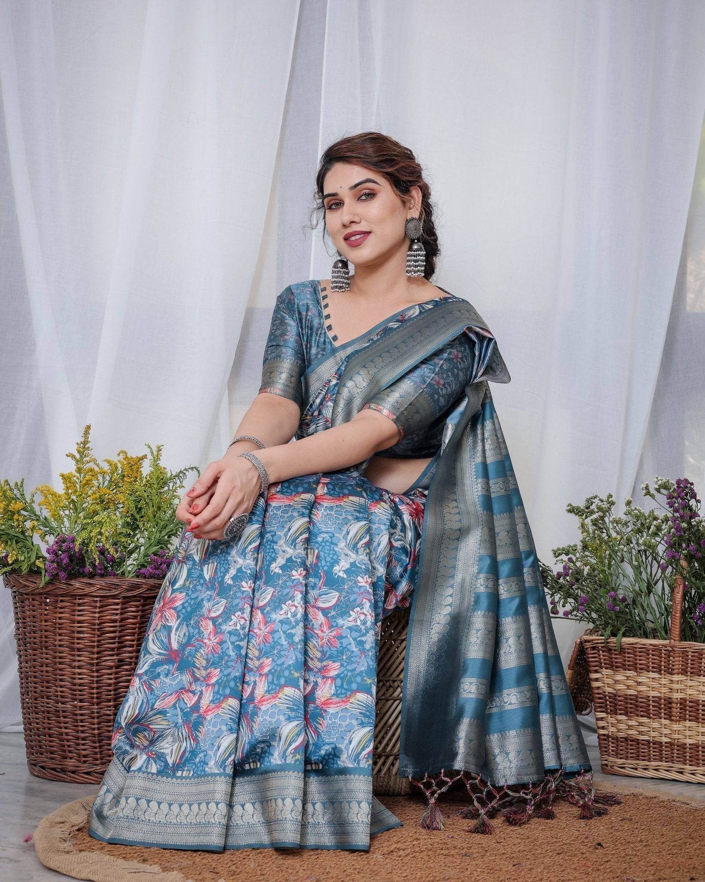 Enchanting Blue Banarasi Silk Saree with Multicolor Floral Weaves and Luxurious Zari Pallu with Tassels - SEEANS