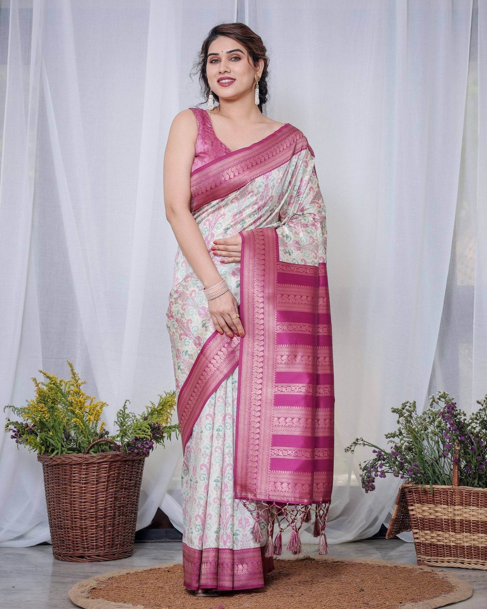 Ivory Banarasi Silk Saree with Pink Ikat Digital Print, Zari Border & Tassel Pallu - SEEANS