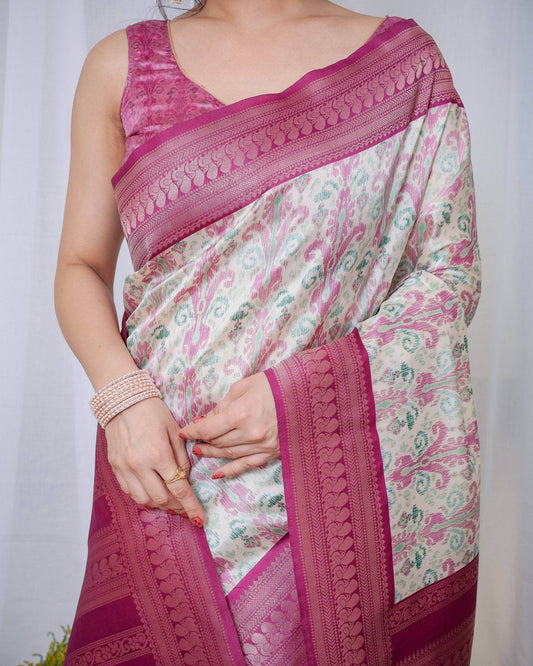 Ivory Banarasi Silk Saree with Pink Ikat Digital Print, Zari Border & Tassel Pallu - SEEANS