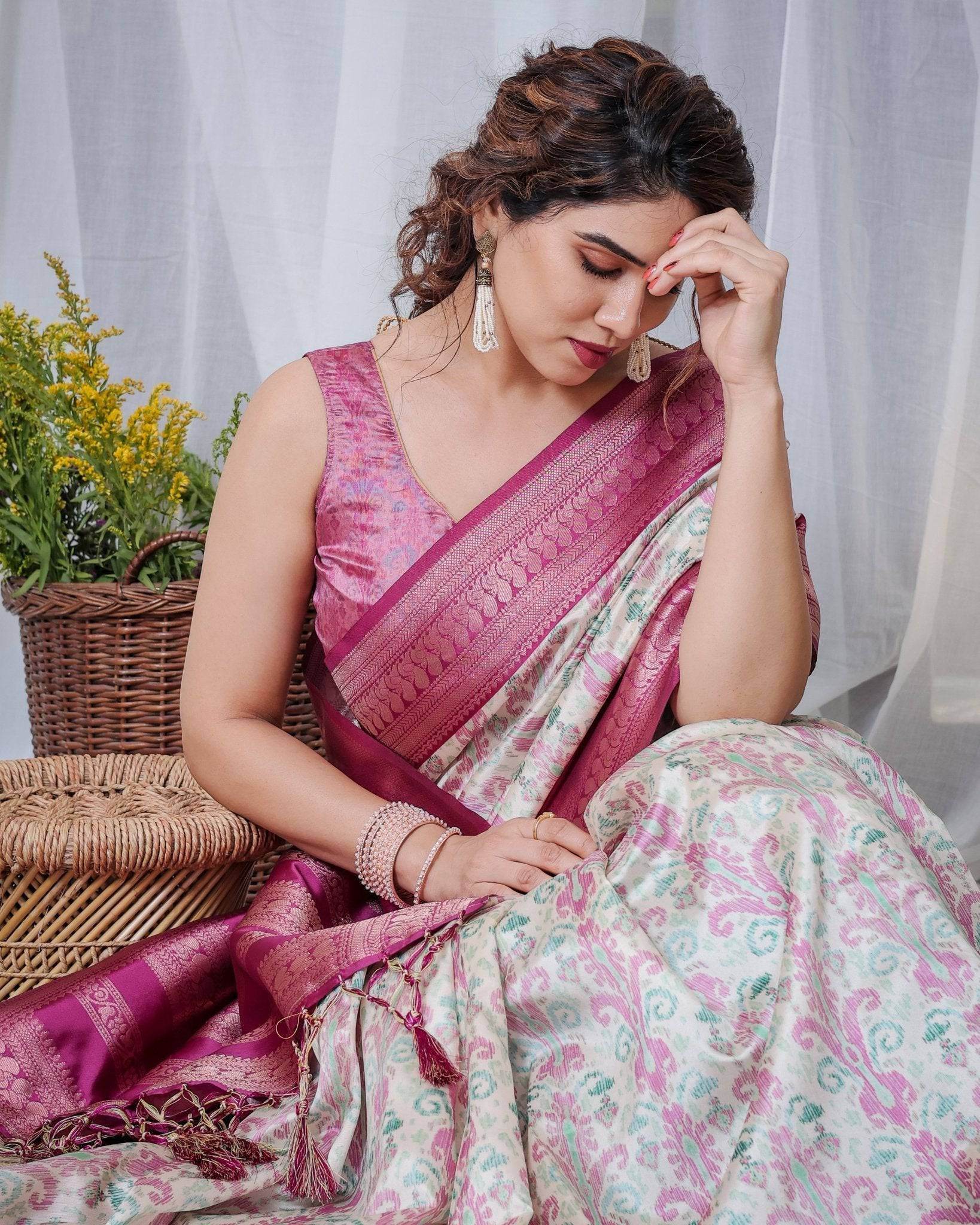 Ivory Banarasi Silk Saree with Pink Ikat Digital Print, Zari Border & Tassel Pallu - SEEANS