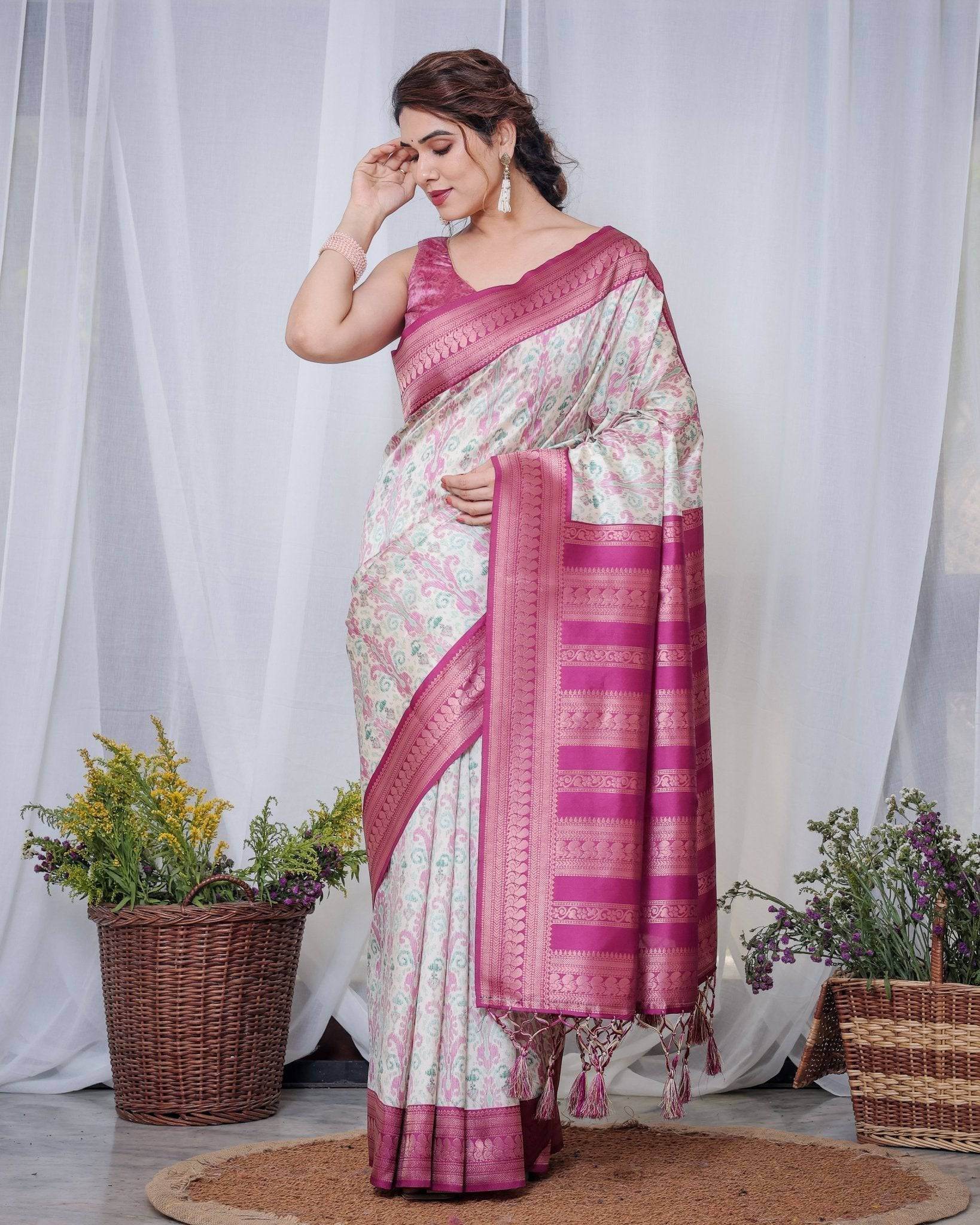 Ivory Banarasi Silk Saree with Pink Ikat Digital Print, Zari Border & Tassel Pallu - SEEANS