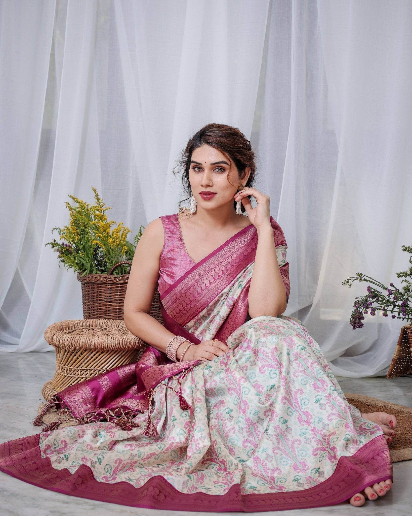 Ivory Banarasi Silk Saree with Pink Ikat Digital Print, Zari Border & Tassel Pallu - SEEANS