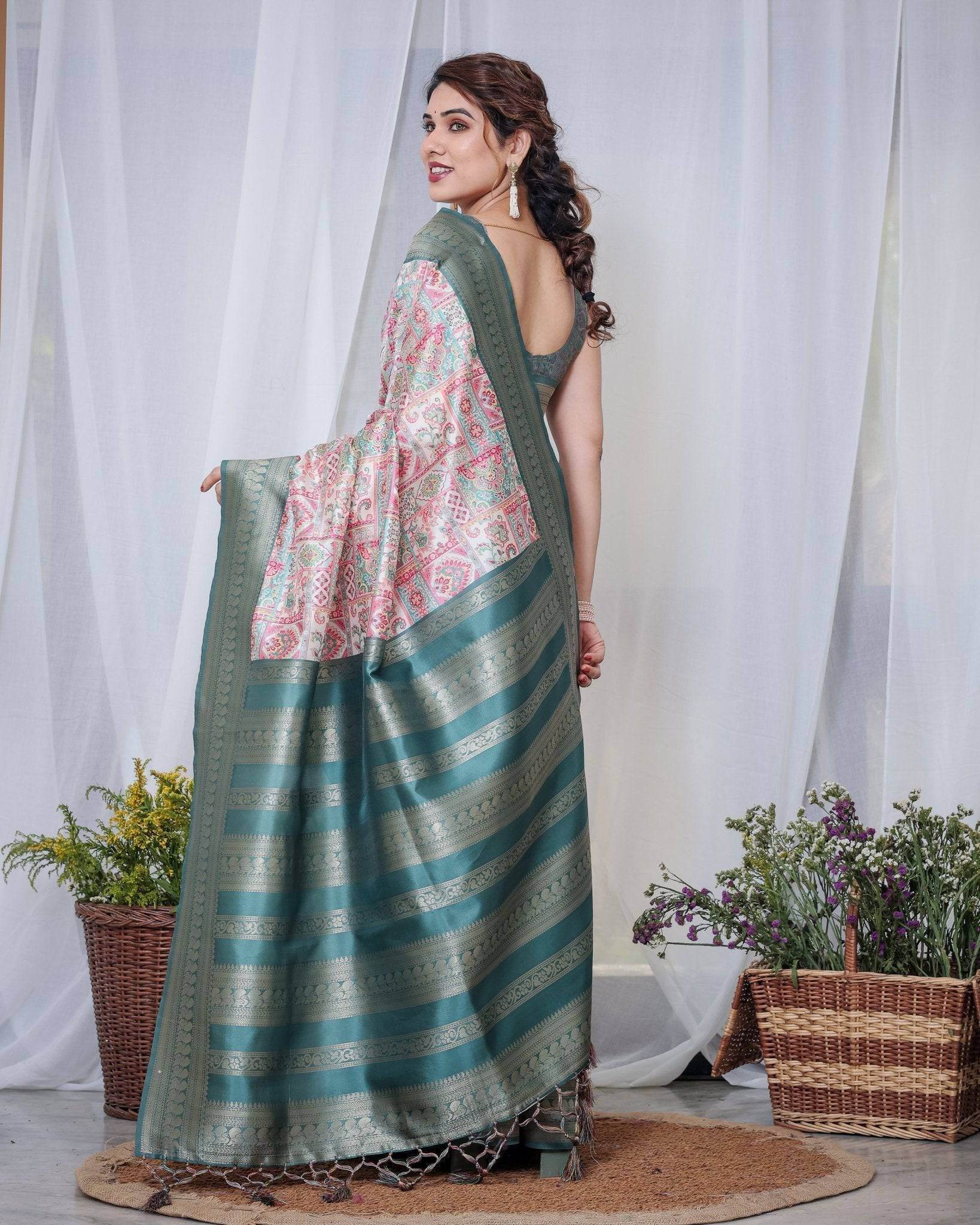 Teal Green Banarasi Silk Saree with Multicolor Digital Patchwork Print & Zari Border - SEEANS