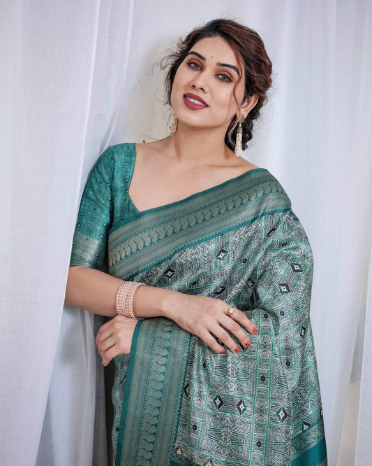Banarasi Digitally Printed Green Silk Saree with Zari Weave and Elegant Tassels - SEEANS
