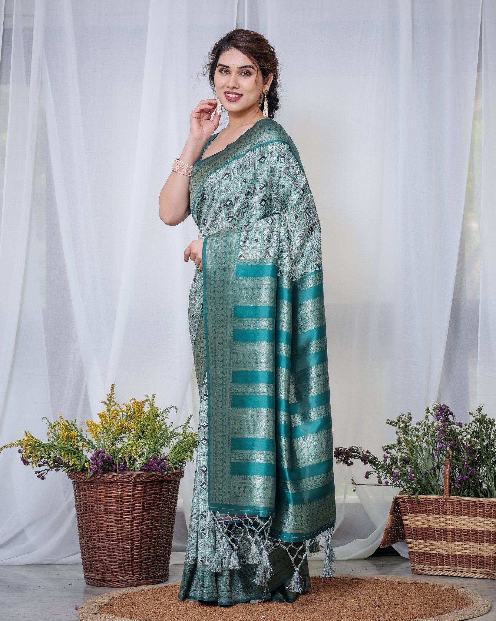 Banarasi Digitally Printed Green Silk Saree with Zari Weave and Elegant Tassels - SEEANS