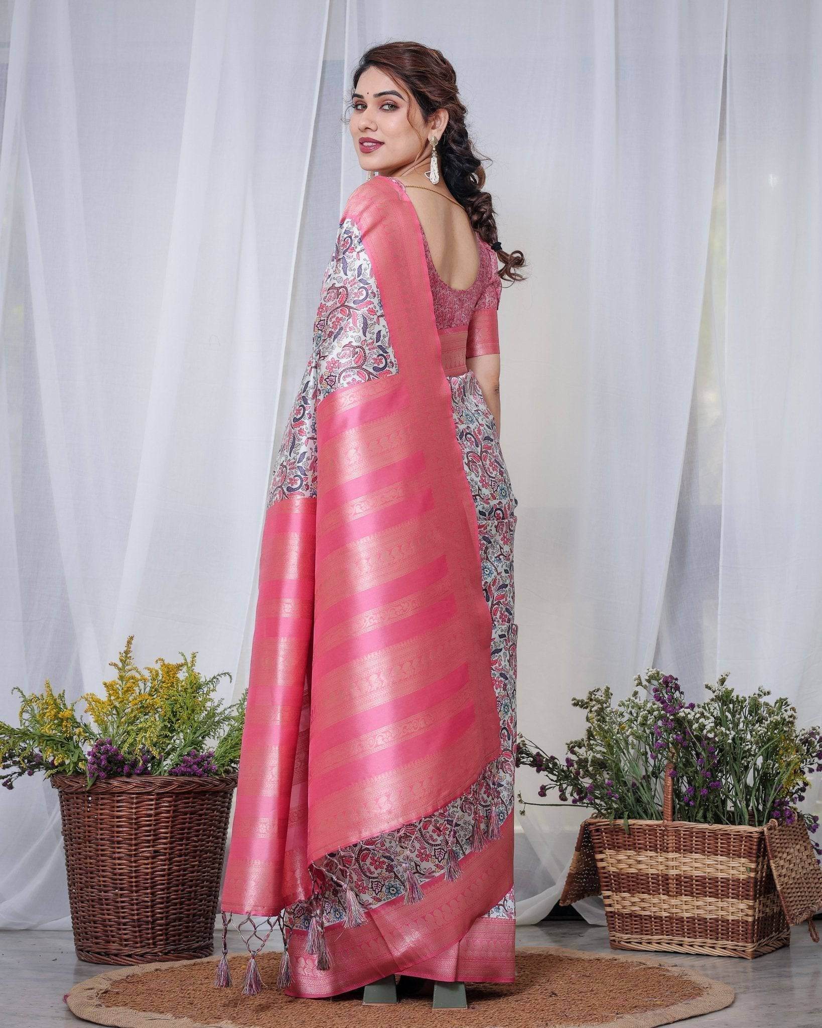 Ivory Banarasi Silk Saree with Vibrant Paisley Digital Print, Pink Zari Border & Tassel Pallu - SEEANS